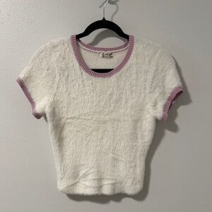 White Fuzzy free people Knit Top with Pink Trim